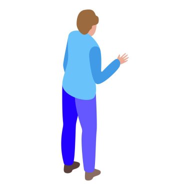 Mavi takım elbiseli bir işadamı eliyle işaret ediyor, arkadan izometrik görüş.