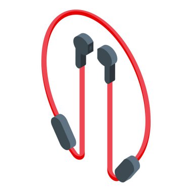 Beyaz arka planda izole edilmiş kırmızı kablosuz kulaklıklar. İzometrik görünüm