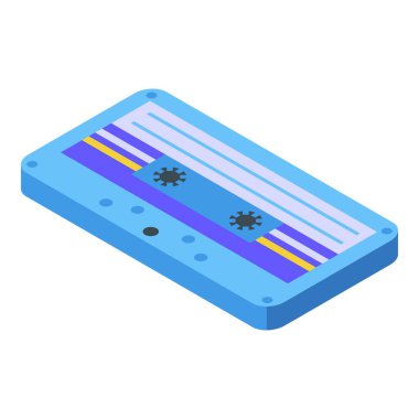 Beyaz zemin üzerinde izole edilmiş mavi ses kaseti, izometrik görünüm