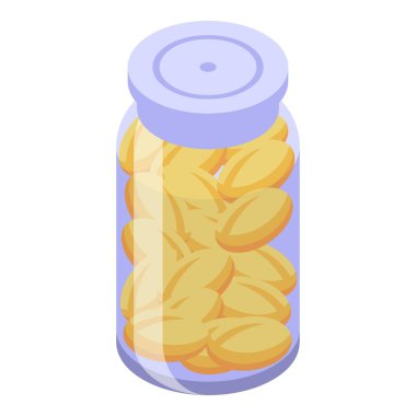 İlaç endüstrisini ve sağlık hizmetlerini temsil eden oval tabletlerle dolu cam kavanoz.