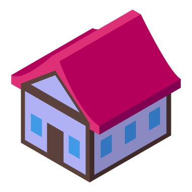 Pembe çatılı modern bir ev. Konut binasının izometrik görüntüsünü sunuyor.