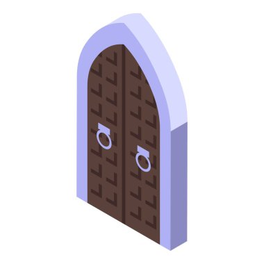 Beyaz arkaplanda izometrik ikona sahip ortaçağ ahşap kapısı