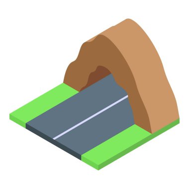 Dağ tünelinden geçen asfalt yolda giden araçlar için güvenli geçiş, izometrik görüş.