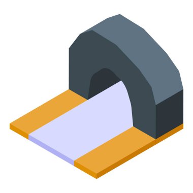 Akan bir nehrin üzerinde duran taş kemer köprüsü, taşıma yolunun iki tarafını birbirine bağlıyor, izometrik bir ikon olarak sunuluyor.