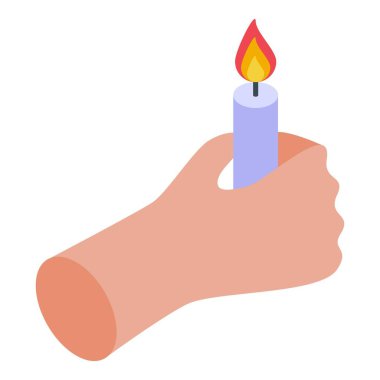 El, izometrik illüstrasyon tarzında yanan bir mum tutuyor.