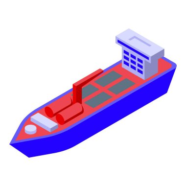 Beyaz arka planda izometrik görüntüde kargo taşıyan büyük kırmızı ve mavi bir petrol tankeri resmi.