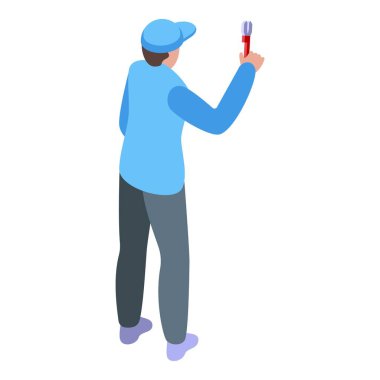 Teknisyen elinde tornavida tutuyor. İzometrik bir simgeyi tamir ediyor.