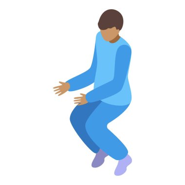 Genç adam mavi spor giysisi giyiyor. İzometrik 3D 'ye çömelmiş.