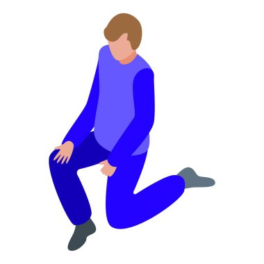 Mavi giysiler içinde diz çöken genç adam, izometrik 3D simge