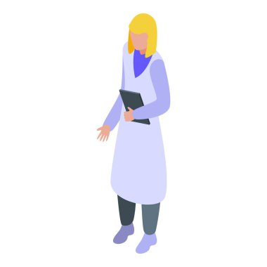 Kadın doktor ayakta duruyor ve elinde bir pano tutuyor.