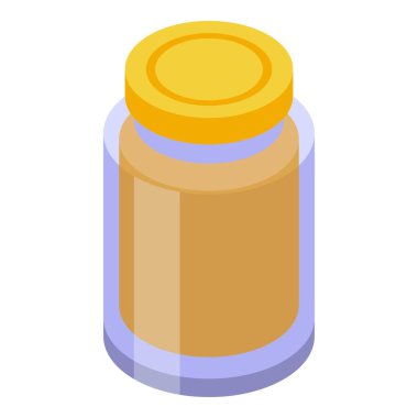 Kapalı sarı kapaklı cam kavanoz, fıstık ezmesi içeriyor, izometrik görüntüde gösteriliyor.