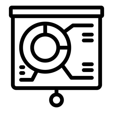 Veri analizi ve istatistik içeren bir pasta grafiğini gösteren bir sunum ekranının basit çizgi simgesi
