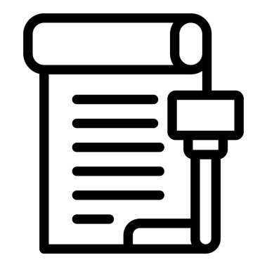 Kanun ve düzeni simgeleyen kağıt bir belgeye vuran hakimin siyah ve beyaz simgesi