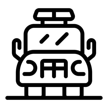 Black and white icon of a tram driving along the city street clipart