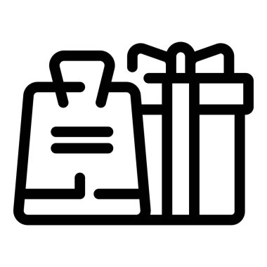 Hediye kutusunun yanındaki alışveriş poşetinin basit bir simgesi, hediye alma kavramını temsil ediyor.