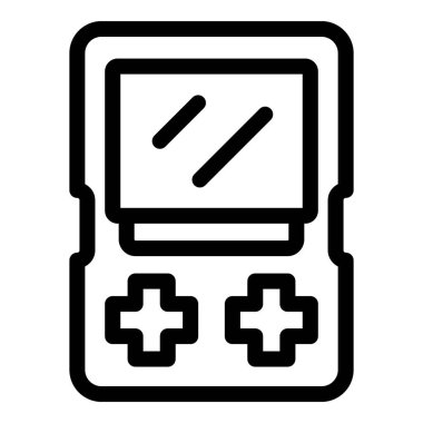 Simple line art icon logo of a handheld gaming device with a d pad and screen, representing mobile gaming clipart