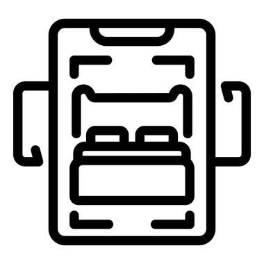 Bir otel odasında çift kişilik yatak gösteren akıllı telefon uygulaması, konaklama için online rezervasyon öneriyor