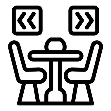 Bir masa ve iki sandalyenin yan yana durduğu modern ofis içlerinin minimalist çizgi simgesi, bir iş toplantısı veya ortak çalışma alanı öneriyor