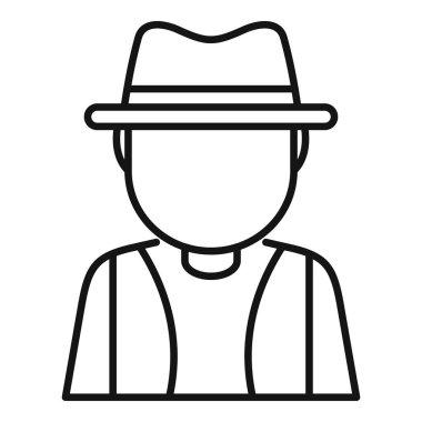 Şapka ve yelek giyen bir adamın çizgi çizimi.