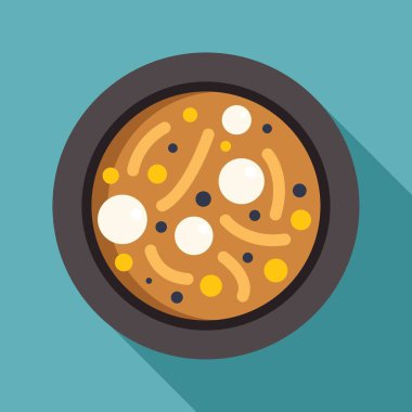 Baharatlı tavuk çorbası, erişte, tavuk ve sebze parçaları bir kasede servis edilir.