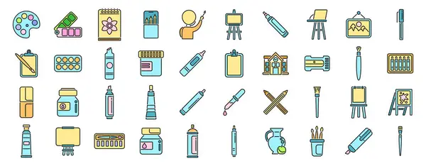 stock vector Painting school icons set outline vector. Class student. Graduate study thin line color flat on white