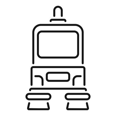 Modern bir elektrikli yolcu ekspres treninin basit siyah beyaz çizgili sanat simgesi istasyona geliyor.