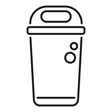 Plastik çöp tenekesinin basit çizgi simgesi, bir kulp ve baloncuklar, atık imha kavramlarını temsil etmek için ideal