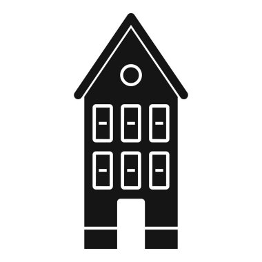 Tavan arası olan, beyaz bir arka planda izole edilmiş üç katlı bir bina cephesinin basit bir simgesi.