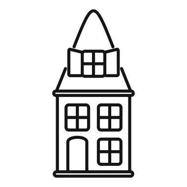 Çatı katı penceresi ve bacası olan bir evi temsil eden basit bir çizgi.