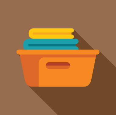 Temiz katlanmış giysiler, çamaşır ve ev işi konseptiyle dolu plastik bir çamaşır septi.