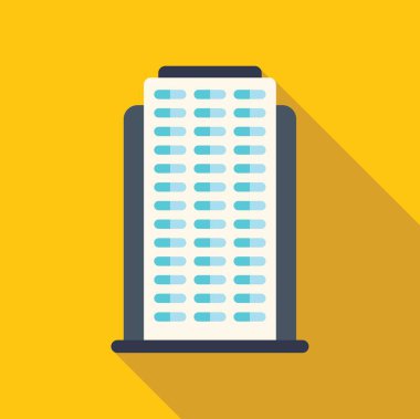 Bir çok penceresi olan ofis binası sarı arka planda duruyor, uzun bir gölge bırakıyor.