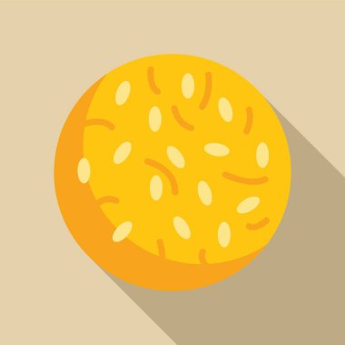 Masada duran yuvarlak susamlı çörek, fırın ürünü, uzun gölgeli düz tasarım simgesi