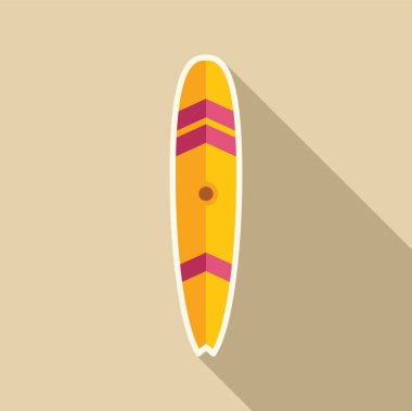 Pembe çizgili sarı sörf tahtası kumda uzun bir gölge bırakıyor.