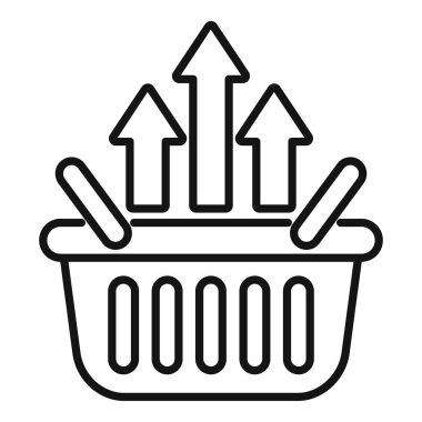 Bir alışveriş sepetinin çizgi sanat simgesi. Artan üç ok satışları gösteriyor.