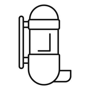 Duvara monte edilmiş su soğutucusunun basit bir çizgi simgesi. Serinletici suyu bir kaba koyuyor.