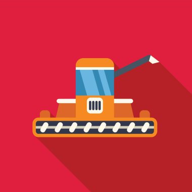 Hasat makinası, kırmızı arka planda uzun gölgesi olan bir tarlada buğday topluyor.