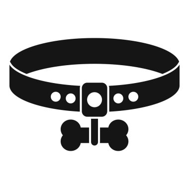 Beyaz arka planda izole edilmiş kemik şeklinde bir kolyesi olan basit bir köpek tasmasının siyah silüeti.