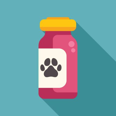 Köpekler için ilaç içeren pembe şişe, pati izi etiketi, hayvan bakımı ve veterinerlik ilaçlarını ön plana çıkarıyor.