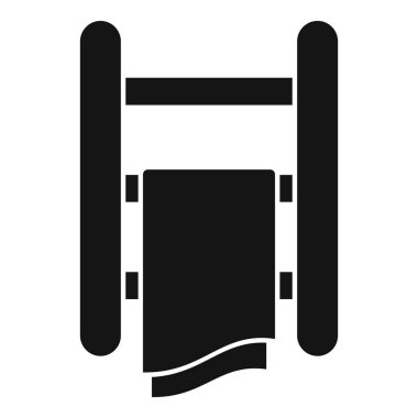 Metal elektrikli kurutucu simgesinde asılı siyah havlu beyaz arkaplanda izole edilmiş basit bir şekilde