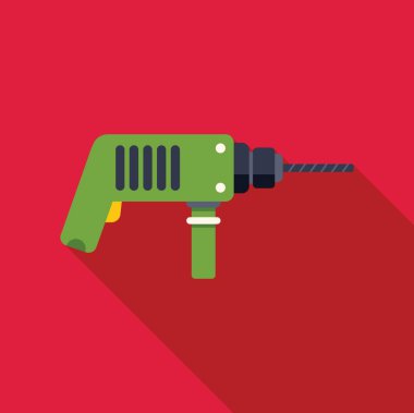 Kırmızı arka planda uzun gölgesi olan yeşil elektrikli matkap, diy ve inşaat projeleri için mükemmel.