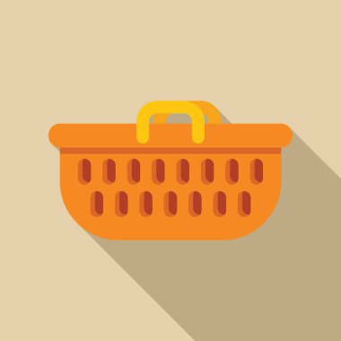 Sarı saplı turuncu plastik alışveriş sepeti bej arka planda uzun bir gölge bırakıyor.