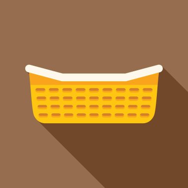 Beyaz saplı boş sarı plastik alışveriş sepeti kahverengi arka planda uzun bir gölge bırakıyor.