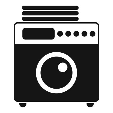 Çamaşır makinesinin siyah-beyaz simgesi temiz çamaşır yığını tutuyor, çamaşır gününü ve ev işlerini temsil ediyor.