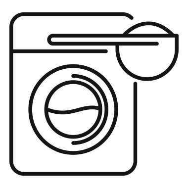 Çamaşır makinesinin basit siyah beyaz çizimi çamaşır tozu ekliyor.