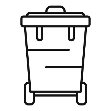 Kapağı kapalı duran mobil bir çöp konteynırının basit siyah beyaz çizimi