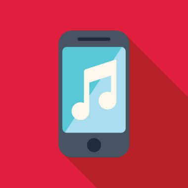 Parlak kırmızı arkaplanda bir müzik notası simgesi gösteren modern akıllı telefon