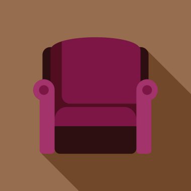 Kol destekli mor koltuk kahverengi arka planda uzun gölgeler bırakıyor, iç dizayn kavramı