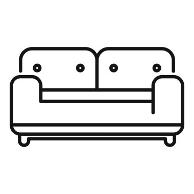 Oturma odası mobilyalarını temsil eden, reklam ve pazarlamada kullanıma uygun basit bir siyah çizgi kanepe ikonu.