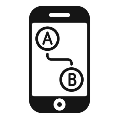 Akıllı telefonun siyah beyaz simgesi A noktasından B noktasına bir rota gösteriyor