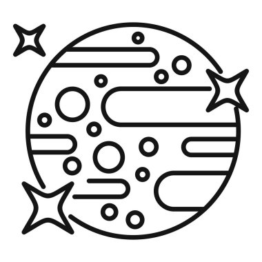 Parlayan yıldızlarla çevrili, uzayda dönen kraterleri olan basit bir gezegenin çizimi.